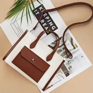 토트 크로스 스퀘어 포켓 캔버스 가방 카멜콤비