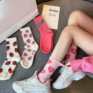 여성양말 여자 학생 교복 패션 딸기 핑크 장목 양말 4종 세트
