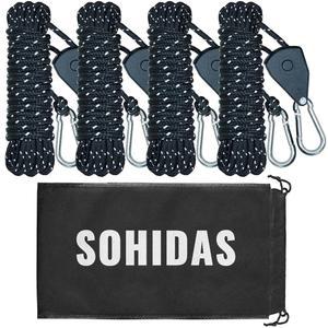 소히다스 캠핑 로프 반사 텐트 가이라인(라쳇 풀리 포함), 방수포, 캐노피 쉘터, 캠핑, 4팩 가이 라인 코드용 13피트 조절 가능한