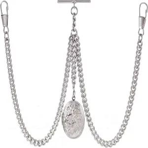 홀리 신스 주얼리 더블 앨버트 실버 포켓 시계 체인 플로럴 로켓 펜던트 - 길이 조절 가능 영국 핸드메이드