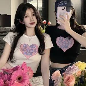 여성 여름 프린팅 슬림핏 라운드넥 크롭 반팔 티셔츠