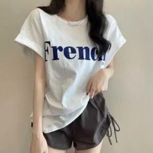 여성 여름 캐주얼 레터링 롤업 반팔 티셔츠