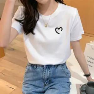 여성 여름 체리 하트 라운드넥 면 반팔 티셔츠