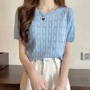 여름 꽈배기 반팔 니트 라운드넥 쿨소재 여성 출근룩 하객룩