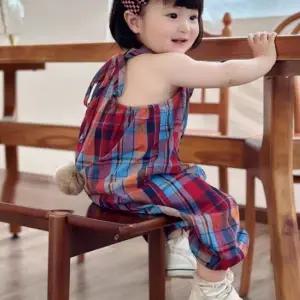 아동 여아 여름 데일리 체크 레드 끈나시 점프슈트