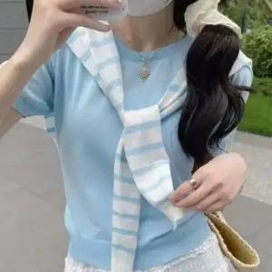 여성 여름 베이직 심플 스트라이프 숄 반팔 니트 세트