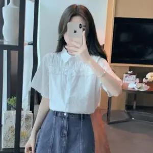 여성 여름 데일리 반팔 고급 카라 자수 프릴 블라우스