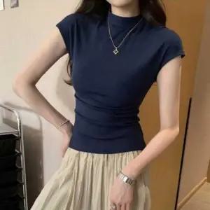 여성 상의 여름 옷 무지 하프넥 슬림핏 반팔 티셔츠