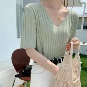 여성 여름 쿨링 썸머 니트 브이넥 얇은 반팔 티셔츠