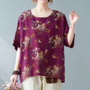 여성 여름 데일리 플라워 코튼 혼방 나그랑 반팔 티셔츠