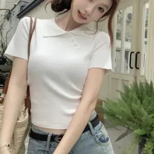 여성 여름 심플 크롭 카라 사선 버튼 반팔 티셔츠