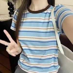 ( )여성 여름 줄무늬 베이직 셔링 스트라이프 반팔 티셔츠