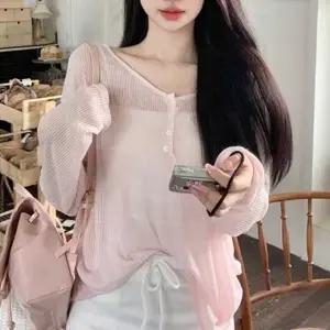 ( )데이트 여름 긴팔 티 레이어드 시스루 여리 핏 여자