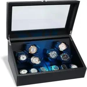 자동 시계용 JuviPrice 와인더 보관함이 있는 파란색 백라이트와 폼 패드가 4가지 회전 모드 상자