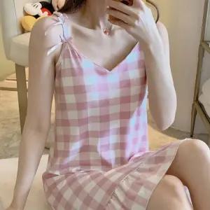 ( )파자마 홈웨어 여름 여성 원피스 캡내장 귀여운 체크핑크