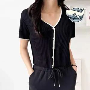 (색상-사이즈 블랙-F(66까지))여성 브이넥 가디건 투톤 배색라인 여름 비치로브 용 가디건 볼레로 니트 카