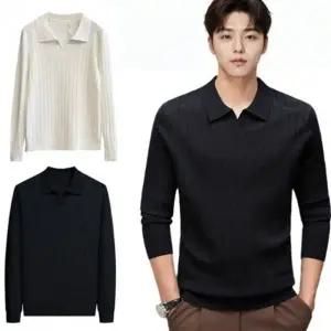 WL 티셔츠 긴팔 댄디 스타일 오픈카라 골지 간절기 심플한 디자인 데님 팬츠 슬랙스에 매치