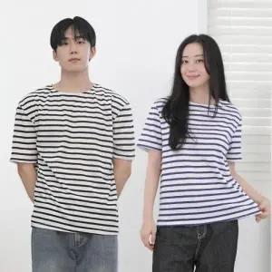 남녀공용 스트라이프 티셔츠 여성 남성 반팔 단가라 줄무늬 기본티 학생 단체복 커플티 줄티 라운드넥 여름