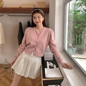 (색상 크림)가디건 라운드넥가디건 여자가디건 원피스가디건 라운드넥 퍼프 숏 니트 긴팔 미니 이너 여성