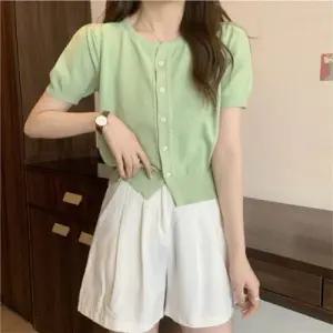 미니 크랍 단추 가디건 레이어드 라운드 상의