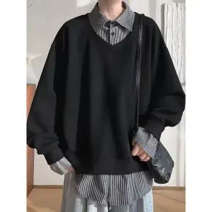 남자 가을 캐주얼 페이크 투피스 캐주얼룩 솔리드 셔츠 넥 맨투맨 봄가을 풀오버 상의 MODU3