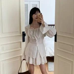 [옷자락]여자 스퀘어넥 리본 셔링 단추 블라우스 반바지 세트