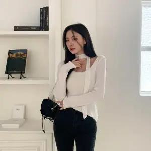 [옷자락]여자 U넥 버블 골지 언발 티셔츠 머플러 세트