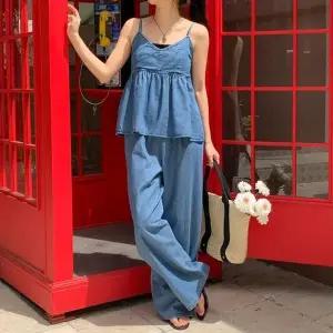 [옷자락]여자 플레어 데님 끈 나시 밴딩 팬츠 세트