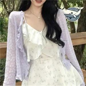 여자 레이스 프릴 가디건 경량 꽃무늬 여름 그물 롱 가디건 로브 비치 용 숄 여름 썸머 볼레로