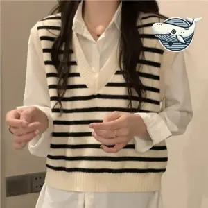 캐주얼 여름 브이넥 스트라이프 니트 레이어드 베스트 조끼 여름 여성 얇은 청 니트 롱 트위드 할머니