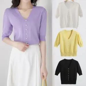 여름 니트 브이넥 썸머 반팔 티 여름 반팔 니트 티 여성
