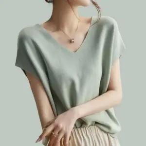 여름 반팔 니트 셔츠 브이넥 티 쿨 민트 반팔 니트 여름 티 여성