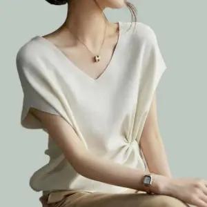 크림 여름 쿨 티 브이넥 니트 반팔 셔츠 여름 반팔 니트 티 여성