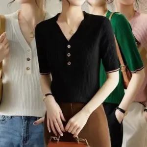 니트 브이넥 반팔 여름 티셔츠 골지 티 여름 반팔 여성 니트