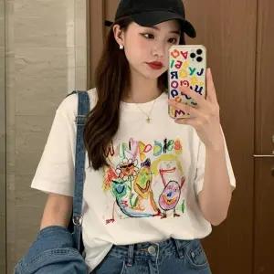 ( )여성여름티셔츠 여성 여름 티셔츠 예쁜 프린팅 라운드 반팔 흰 티 프린팅반팔티