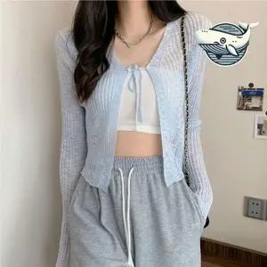 여름 니트가디건 리본 매듭 여신 가벼운 여성 숄 가디건 볼레로 크롭 루즈핏 니트 그물 여름