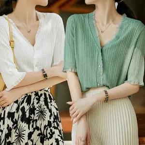 여성 썸머 여름 레이스 브이넥 반팔 가디건 브이넥 바캉스 휴양지 반팔 카디건 여자 프릴 가디건 여름