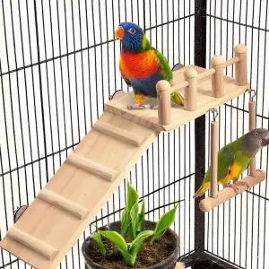 그네와 사다리가 있는 나무 새 서식지 플랫폼 - 튼튼한 긴 꼬리 앵무새 케이지 액세서리로 운동과 재미있는