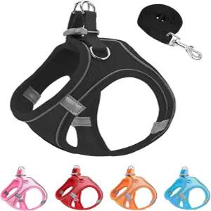 JUFOOO XXXS 블랙 소프트 메쉬 개 하네스 및 목줄 세트 소형견 고양이용 반사 조절 가능한 강아지 조끼