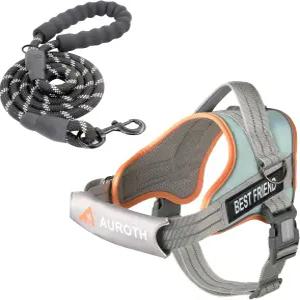 AUROTH 개 하네스 및 목줄 세트 5.25피트 있는 부드러운 패딩 서비스 조끼 초크 없음 애완동물 착용이