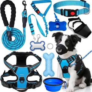 YXFDOYT 노 풀 개 하네스 조절 가능한 칼라 및 목줄 세트 - 홀터 접이식 그릇 배변 봉투 디스펜서 주둥이