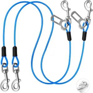 하이위안 반려견 자동차 안전 하네스 16인치/40cm 더블 클립 안전벨트 목줄 씹지 않는 2팩 블루