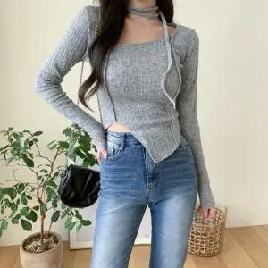 [옷자락]여자 스퀘어넥 절개 언발 골지 머플러 티셔츠