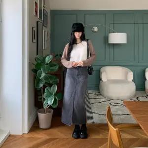 [옷자락]여자 라운드넥 나그랑 배색 시스루 크롭 니트