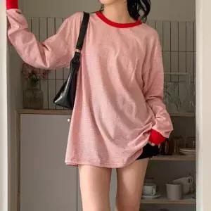 [옷자락]여자 라운드넥 단가라 소매 쭈리 롱슬리브