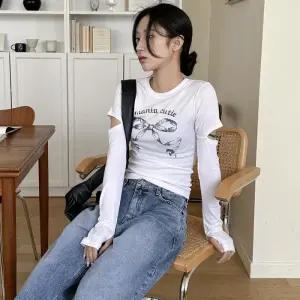 [옷자락]여자 라운드넥 리본 프린팅 워머트임 스판 티셔츠