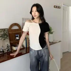 [옷자락]여자 원숄더 골지 하프 배색 끈 오프숄더 티셔츠