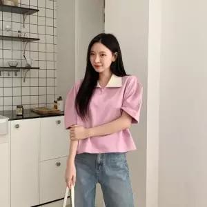 [옷자락]여자 카라넥 아방핏 배색 베이직 반팔 맨투맨