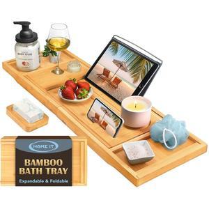 홈 잇 프리미엄 접이식 욕조 트레이 - 캐디용 대나무 방수 와인, 책, 비누, 휴대폰, 남녀를 위한 고급 선물용 나무 홀더 확장 가능하며 욕실의 대부분의 욕조에 맞습니다