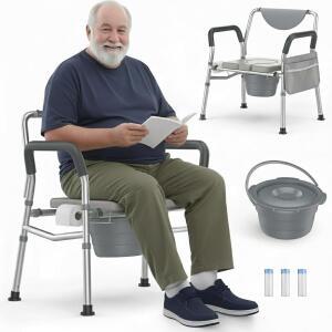 HisitiVital 4 in 1 헤비 듀티 침대 옆 코모데, 높이 조절 가능한 성인 변기 의자, 노인용 샤워 장애인용 엑스트라 와이드 시트, 350파운드 무게 용량